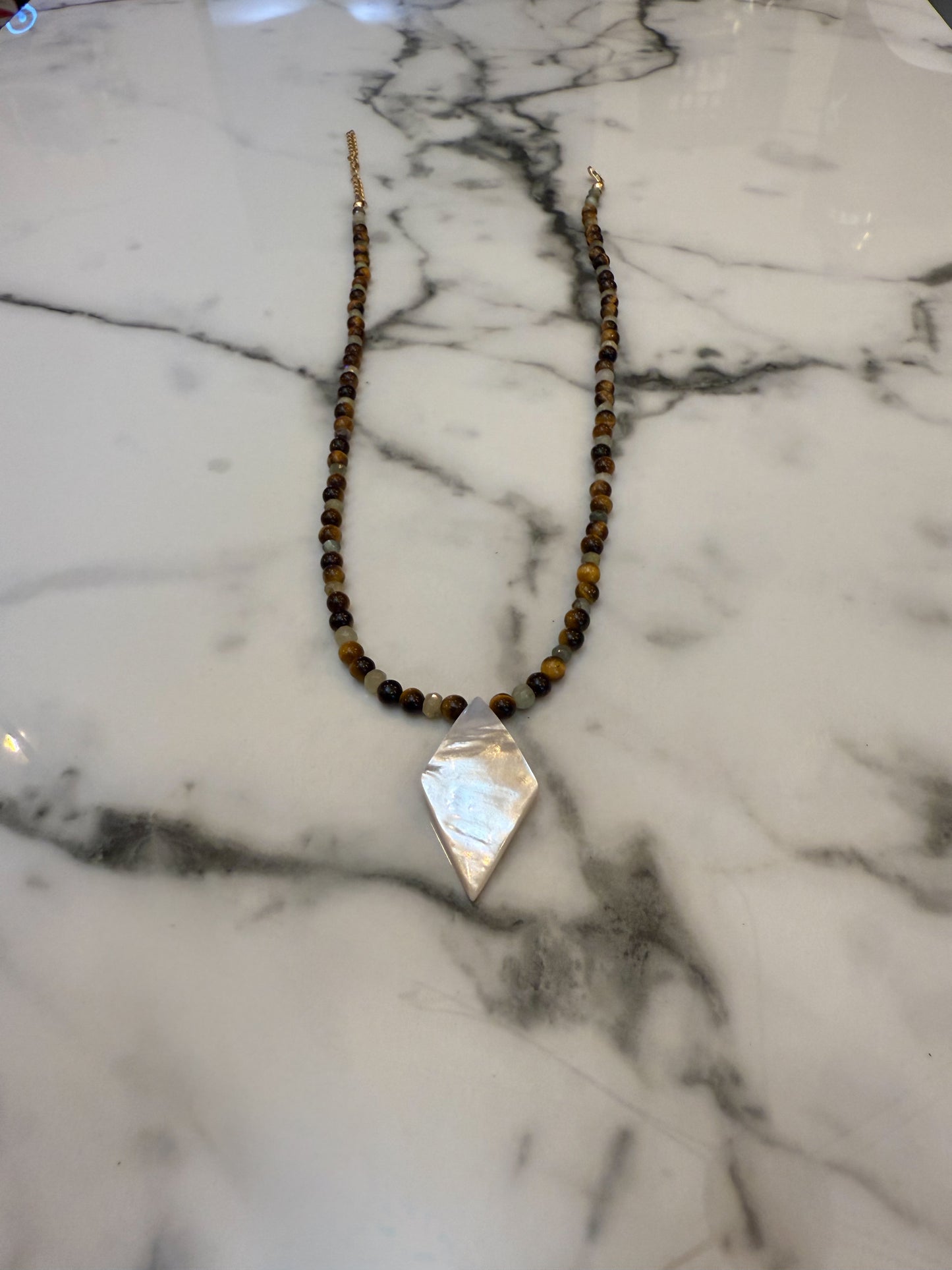 Multi Gemstoe Necklace - Green Cats Eye, Tigers Eye, Mother of Pearl