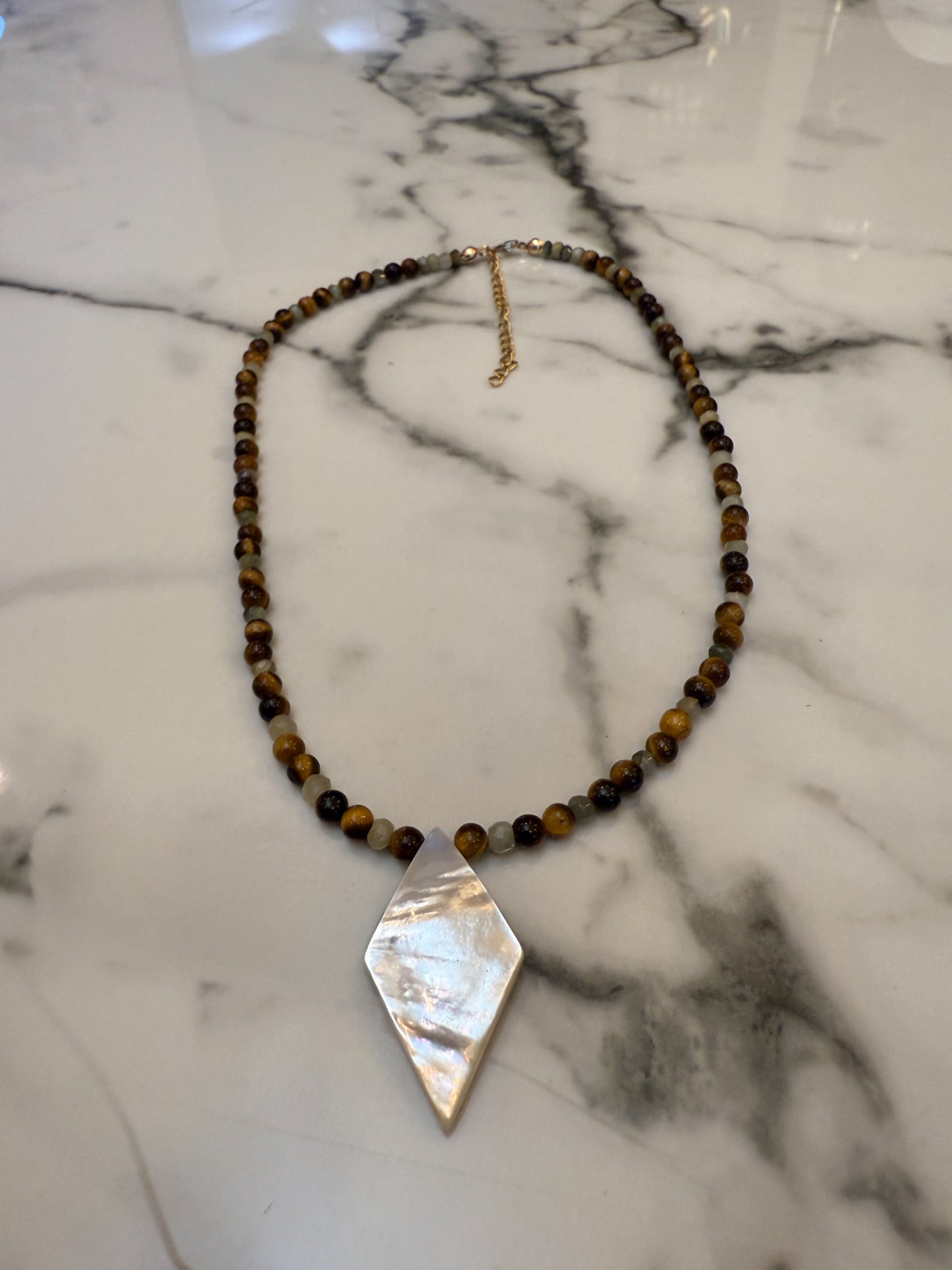 Multi Gemstoe Necklace - Green Cats Eye, Tigers Eye, Mother of Pearl