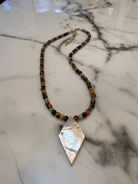 Multi Gemstoe Necklace - Green Cats Eye, Tigers Eye, Mother of Pearl