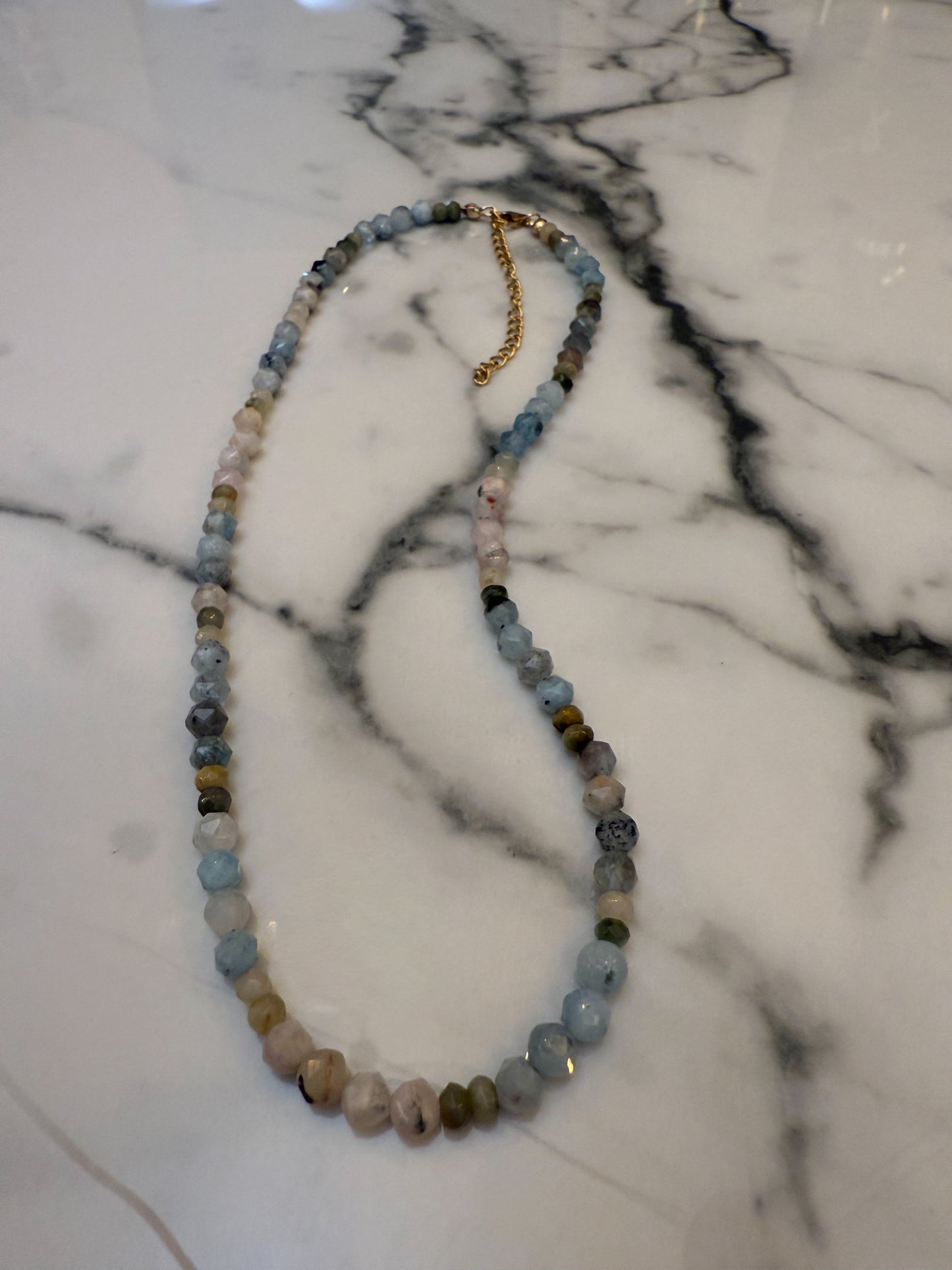 Multi Gemstone Necklace- Natural Morganite, and Green Cats Eye