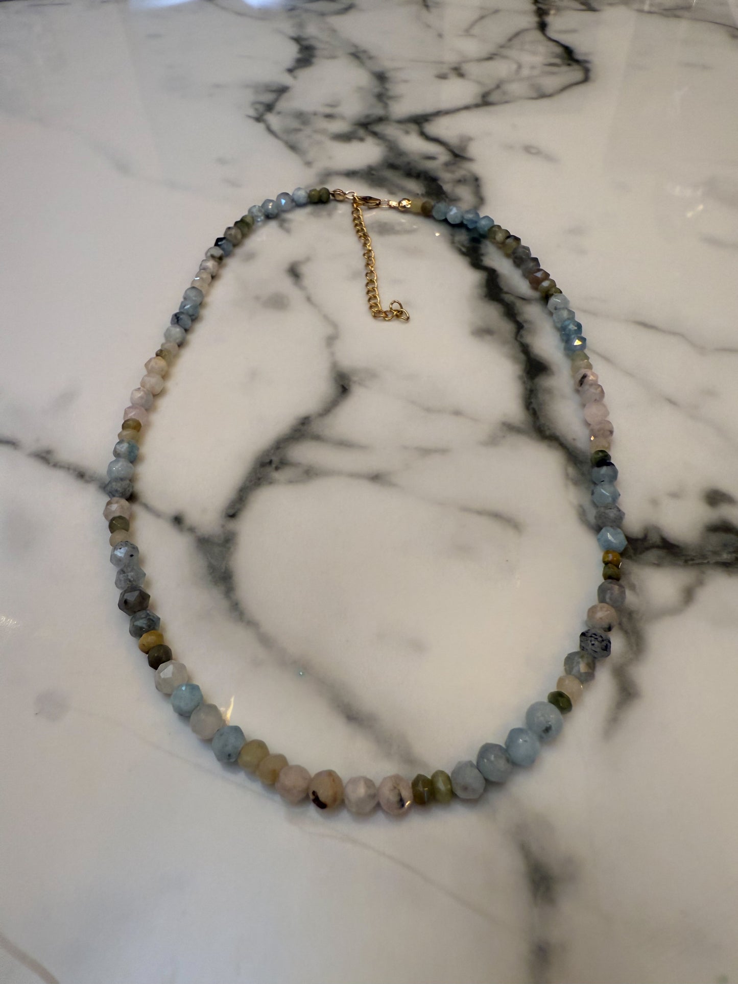 Multi Gemstone Necklace- Natural Morganite, and Green Cats Eye