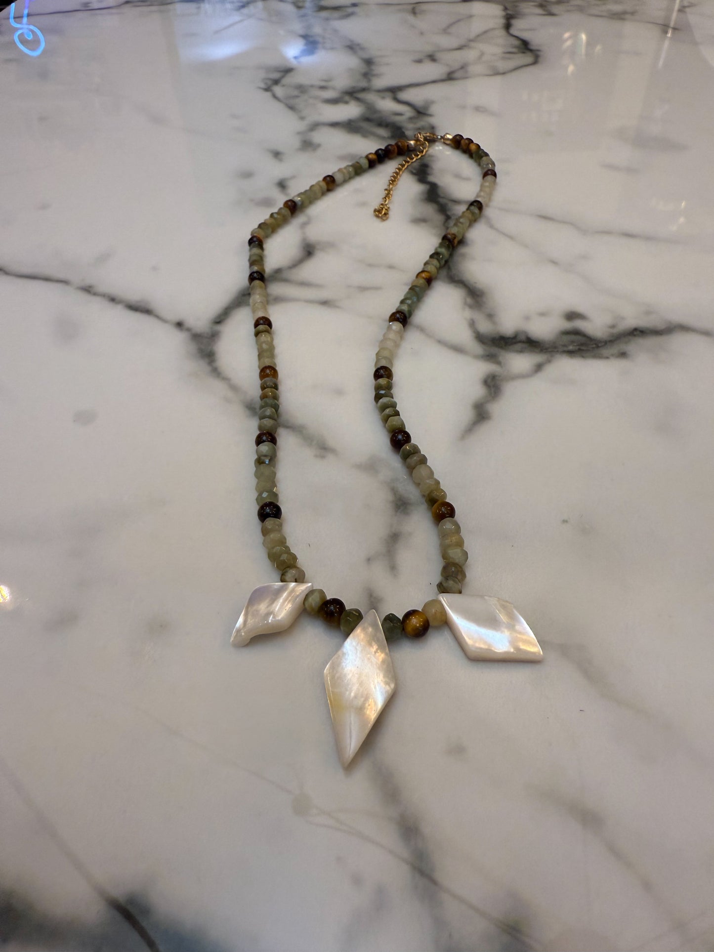 Multi Gemstone Necklace- Green Cats Eye, Tigers Eye and Mother of Pearl