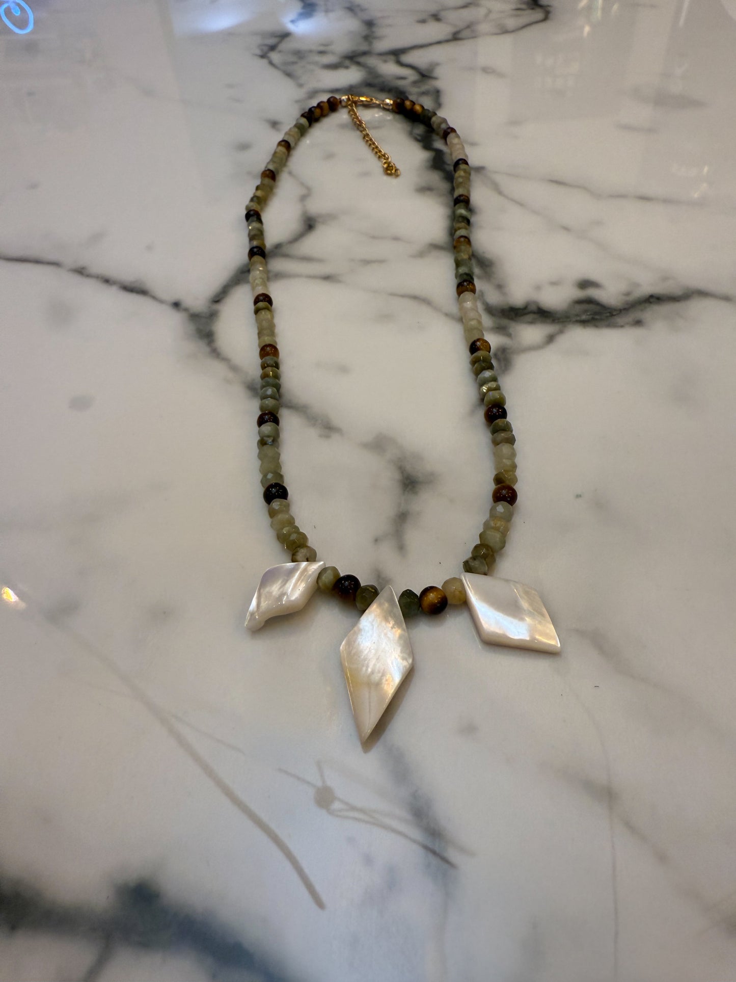 Multi Gemstone Necklace- Green Cats Eye, Tigers Eye and Mother of Pearl
