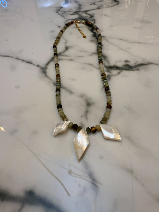 Multi Gemstone Necklace- Green Cats Eye, Tigers Eye and Mother of Pearl
